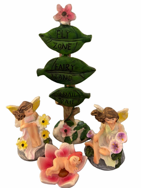 Mini Fairy Garden Figurine Set - sign and three fairy Lot of 4.